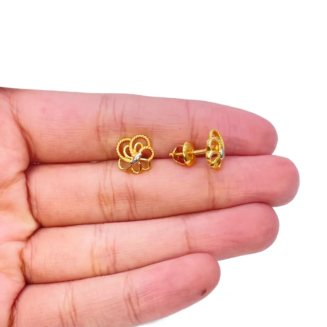 22ct Yellow Gold Two-Tone Floral Textured Design Ladies Stud Earrings 9.7mm 