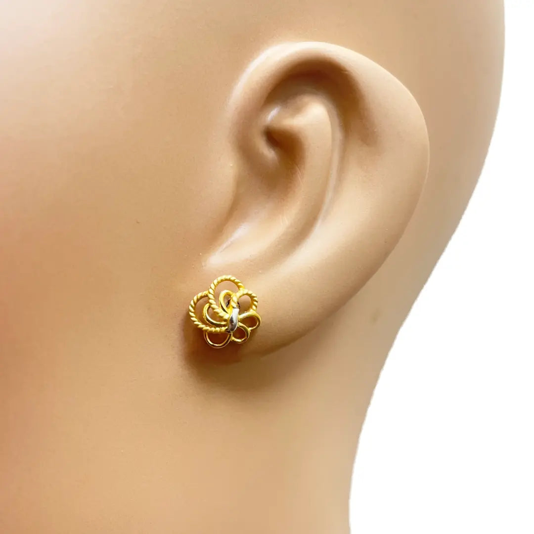 22ct Yellow Gold Two-Tone Floral Textured Design Ladies Stud Earrings 9.7mm 