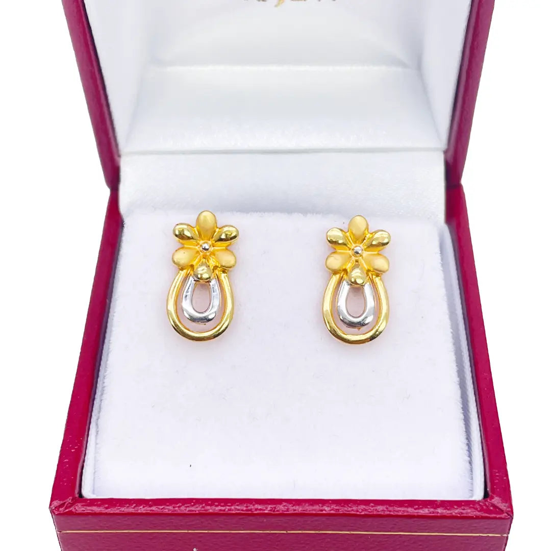 22ct Yellow Gold Two-Tone Flower & Pineapple Design Ladies Stud Earrings 