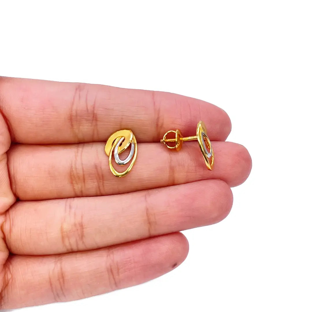 22ct Yellow Gold Two-Tone Oval Design Stud Earrings 14mm Length 