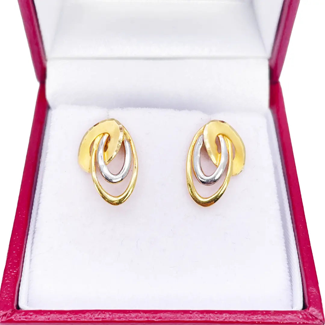 22ct Yellow Gold Two-Tone Oval Design Stud Earrings 14mm Length 