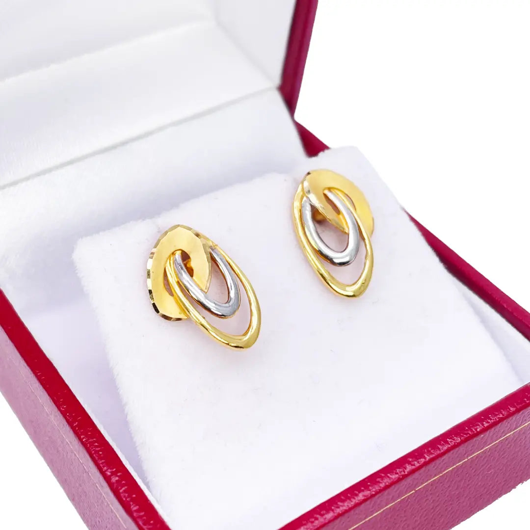 22ct Yellow Gold Two-Tone Oval Design Stud Earrings 14mm Length 
