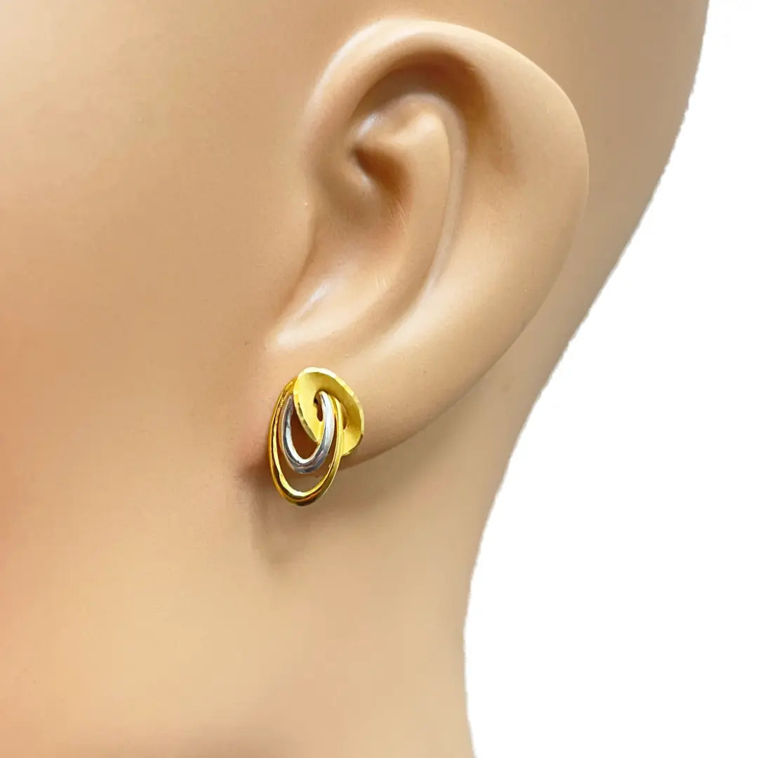 22ct Yellow Gold Two-Tone Oval Design Stud Earrings 14mm Length 