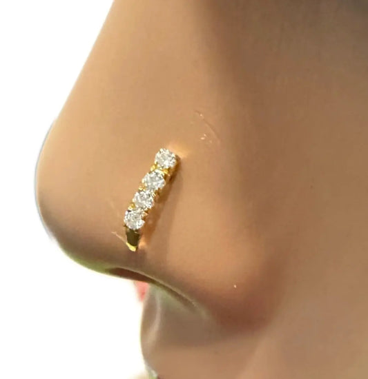 22ct Yellow Gold & Cubic Zirconia J-Bar Four Stone Nose Studs/Nose Pin, 9mm 