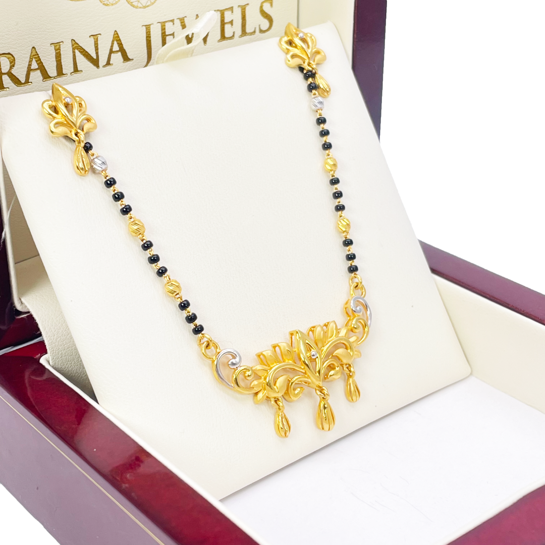 22ct Yellow Gold Mangalsutra Floral Design Necklace and Earrings Set 20.5'' inch