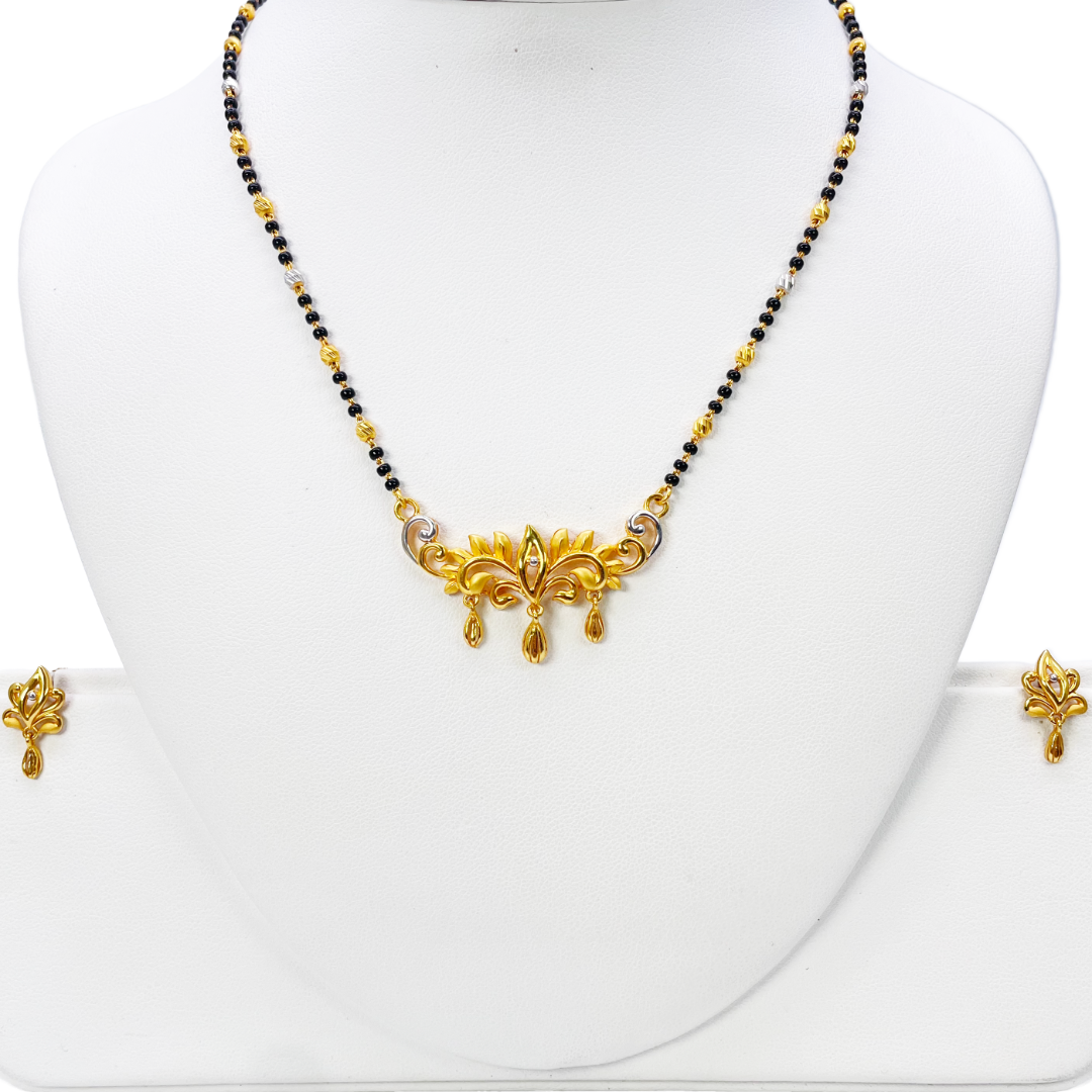 22ct Yellow Gold Mangalsutra Floral Design Necklace and Earrings Set 20.5'' inch