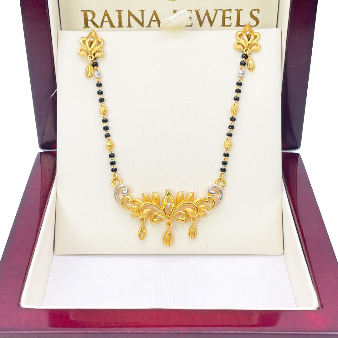 22ct Yellow Gold Mangalsutra Floral Design Necklace and Earrings Set 20.5'' inch