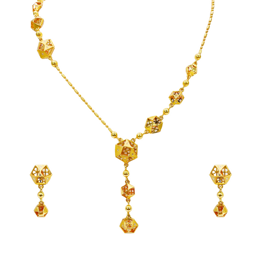 22ct Yellow Gold Fancy Hexagonal Design 18 inch Necklace And Drop Earrings Set