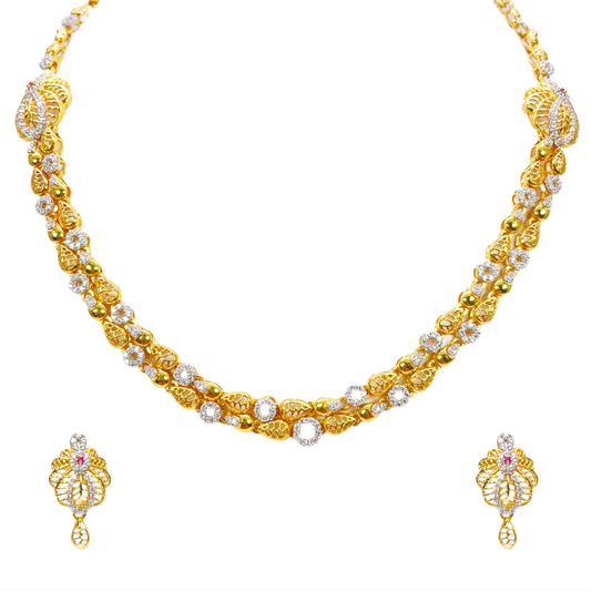 22ct Yellow Gold Floral Layered Cubic Zirconia Elegant Necklace & Earrings Set