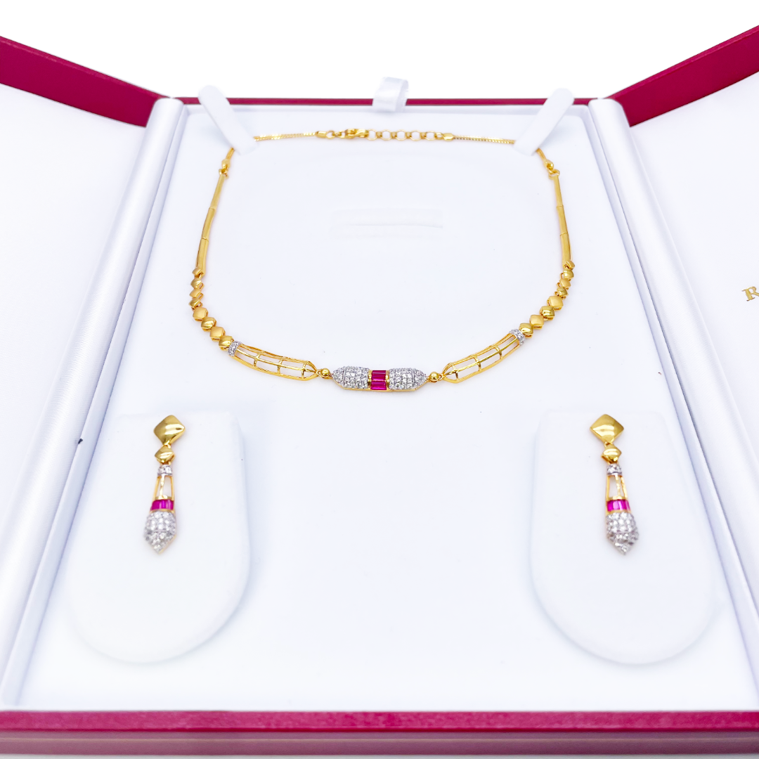 22ct Yellow Gold High Polished Fancy Necklace & Earrings Set 14.5 Inches