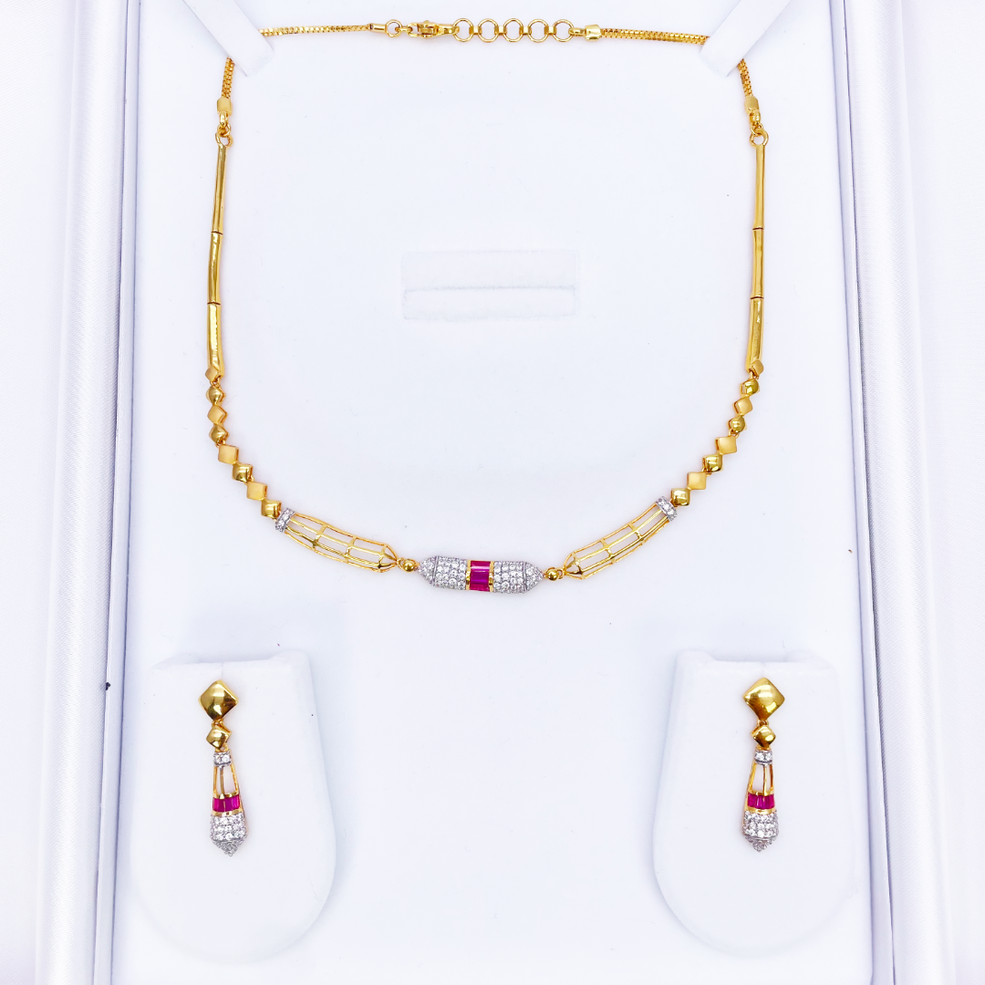 22ct Yellow Gold High Polished Fancy Necklace & Earrings Set 14.5 Inches