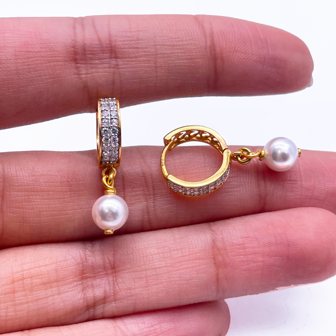 22ct Yellow Gold Cubic Zirconia & Elegant Pearl Drop Huggies Hoop Earrings