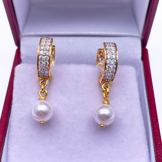 22ct Yellow Gold Cubic Zirconia & Elegant Pearl Drop Huggies Hoop Earrings