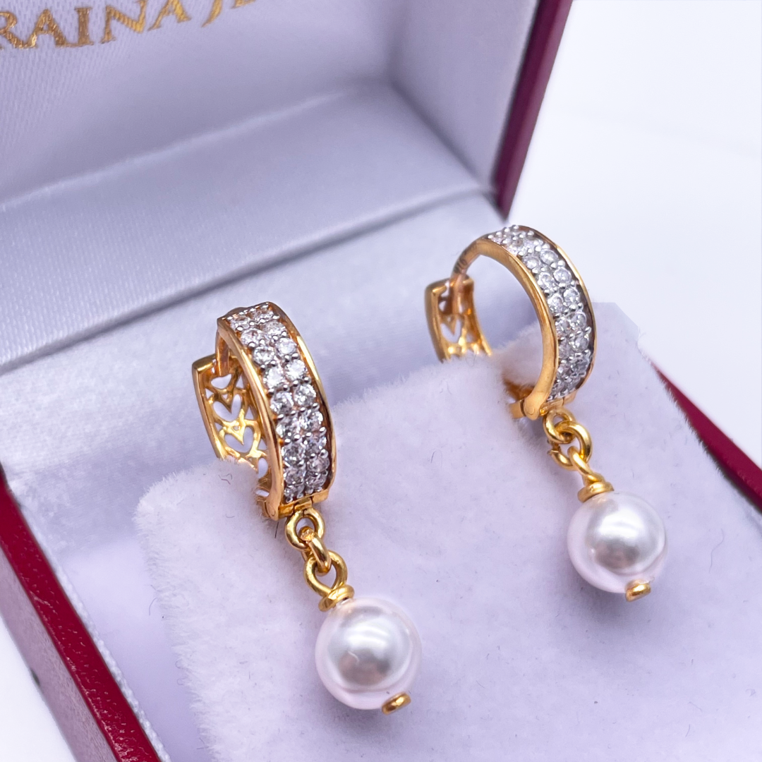 22ct Yellow Gold Cubic Zirconia & Elegant Pearl Drop Huggies Hoop Earrings