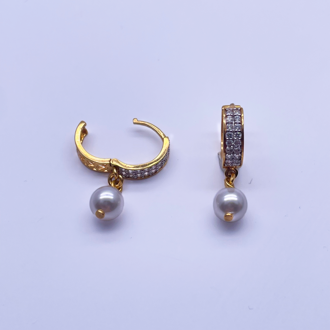 22ct Yellow Gold Cubic Zirconia & Elegant Pearl Drop Huggies Hoop Earrings