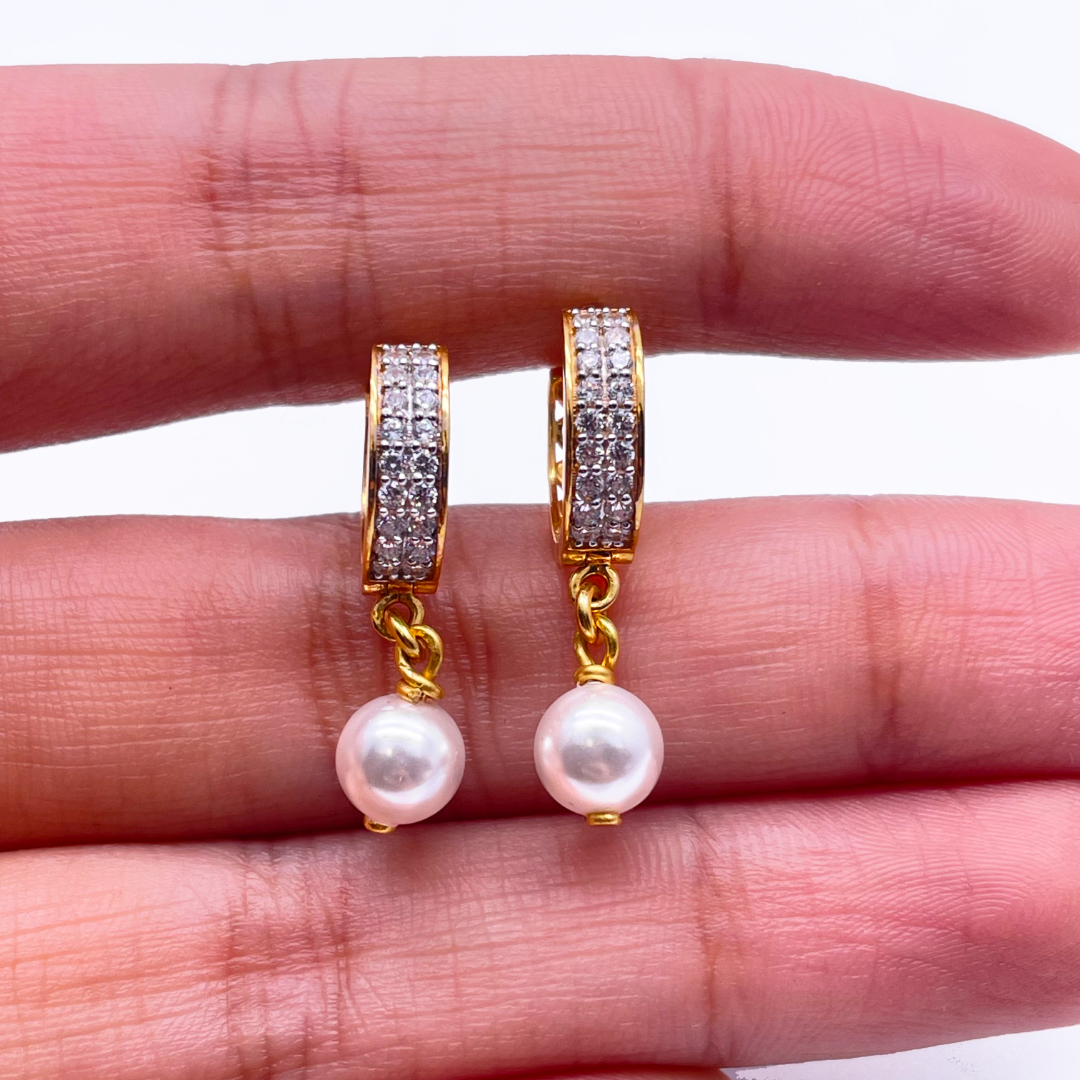 22ct Yellow Gold Cubic Zirconia & Elegant Pearl Drop Huggies Hoop Earrings