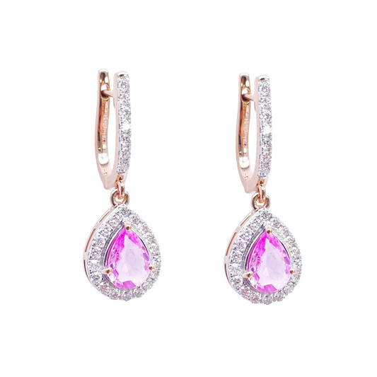 18ct Rose Gold Diamond & Pink Sapphire Pear Halo Teardrop Earrings 1.79ct