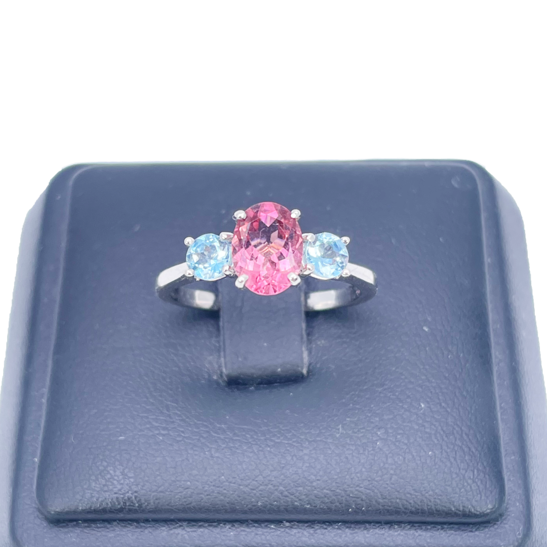 18ct White Gold Oval Pink Tourmaline & Aquamarine Trilogy Ring 1.60ct