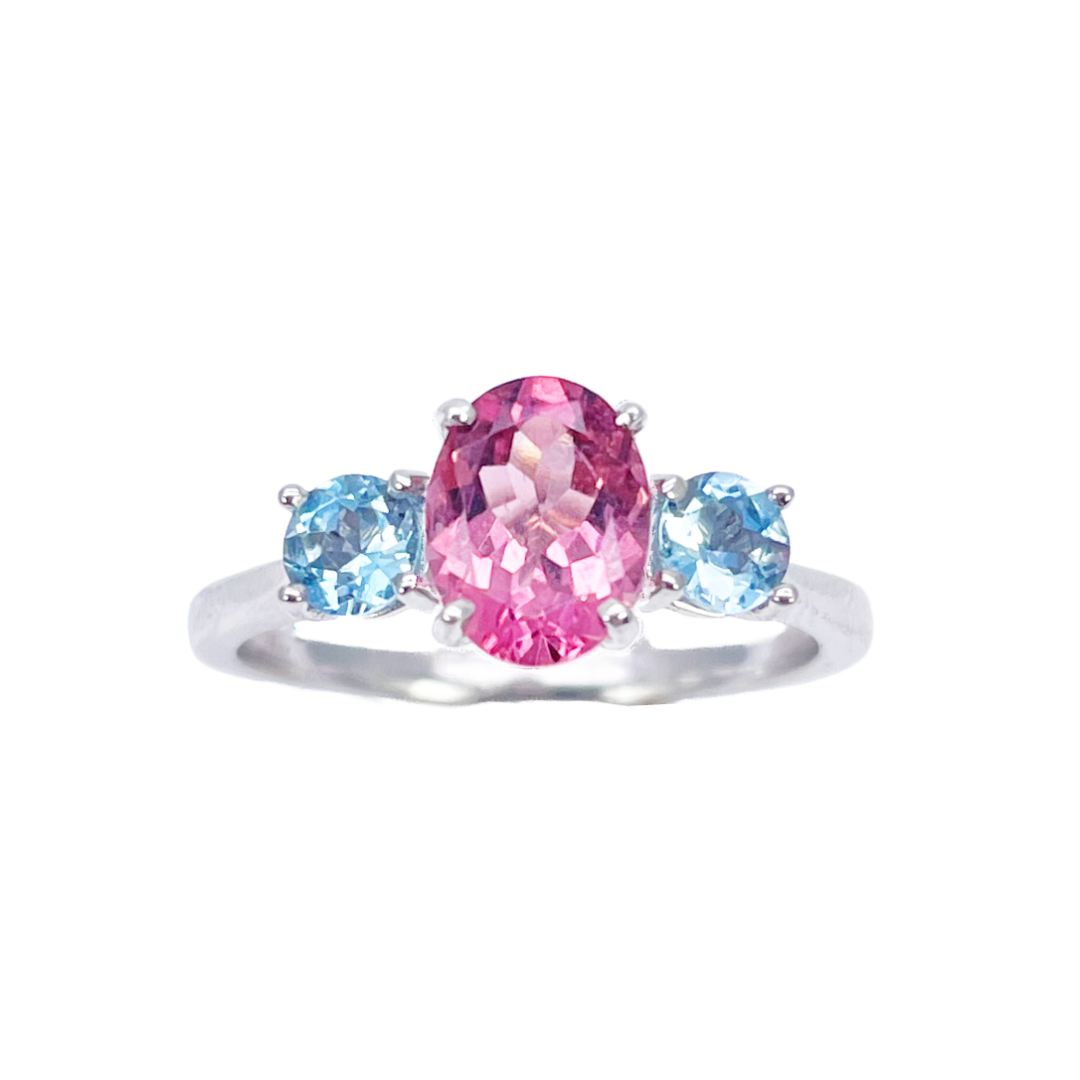 18ct White Gold Oval Pink Tourmaline & Aquamarine Trilogy Ring 1.60ct