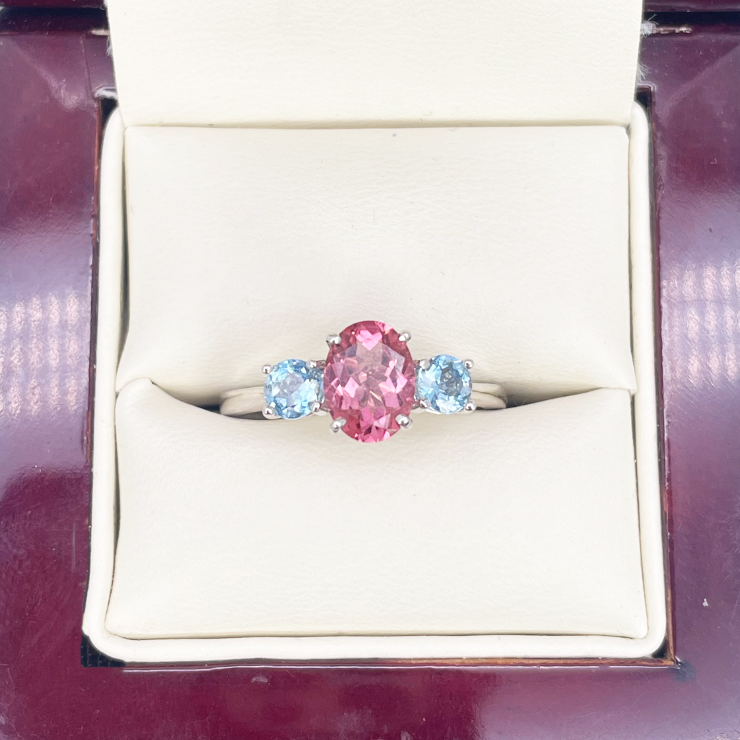 18ct White Gold Oval Pink Tourmaline & Aquamarine Trilogy Ring 1.60ct