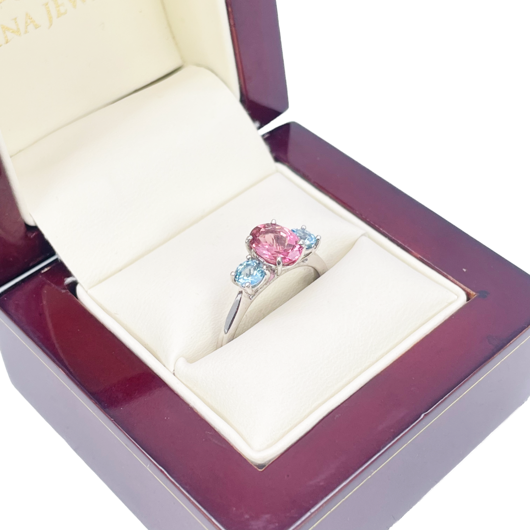 18ct White Gold Oval Pink Tourmaline & Aquamarine Trilogy Ring 1.60ct