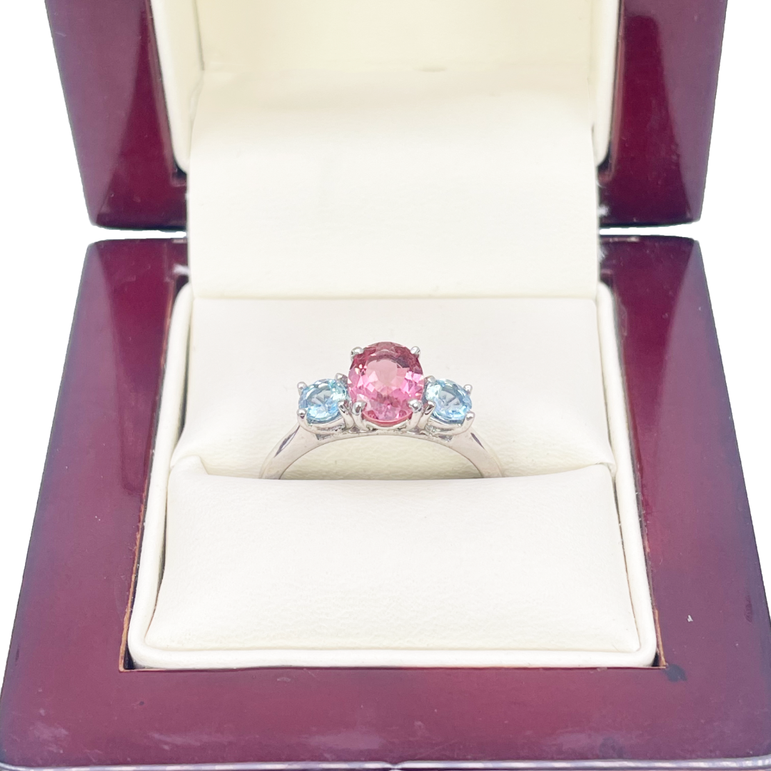 18ct White Gold Oval Pink Tourmaline & Aquamarine Trilogy Ring 1.60ct