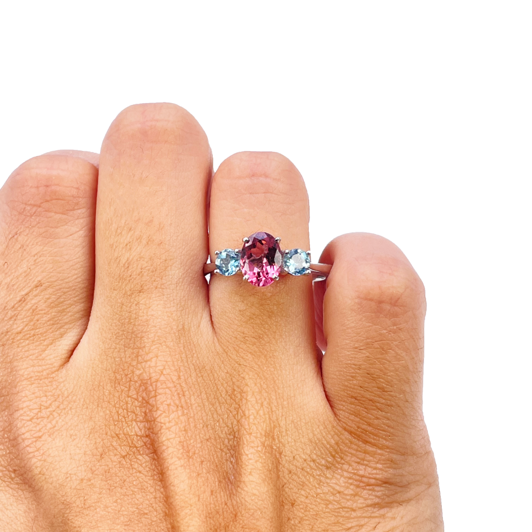 18ct White Gold Oval Pink Tourmaline & Aquamarine Trilogy Ring 1.60ct