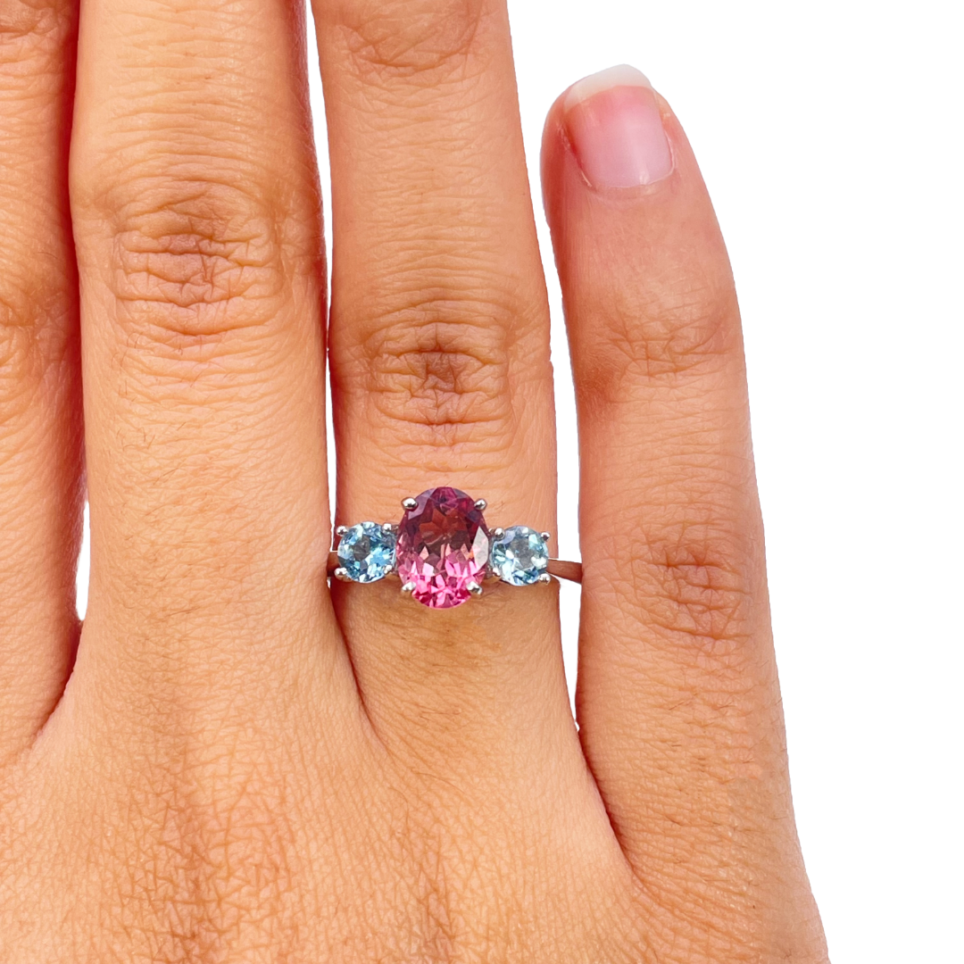 18ct White Gold Oval Pink Tourmaline & Aquamarine Trilogy Ring 1.60ct