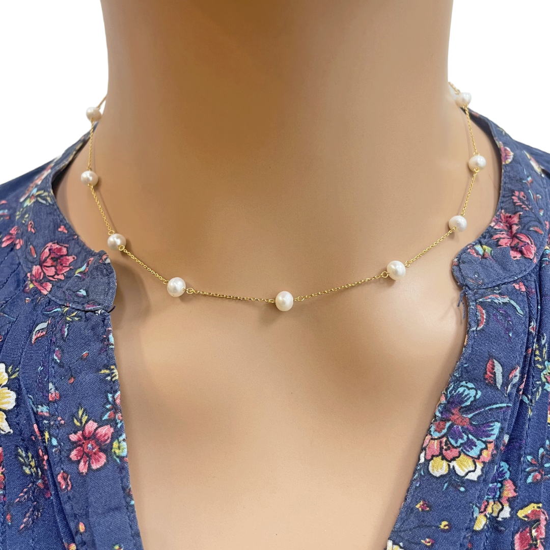 22ct Yellow Gold Ladies Nine Freshwater Pearl Necklace 16'' inches