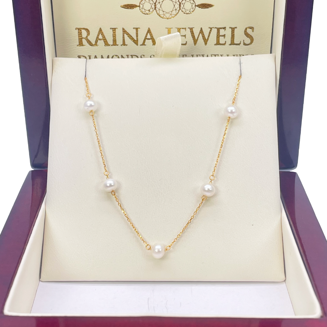 22ct Gold Pearl Necklace Nine Freshwater Pearl Cable Chain 16 inches 