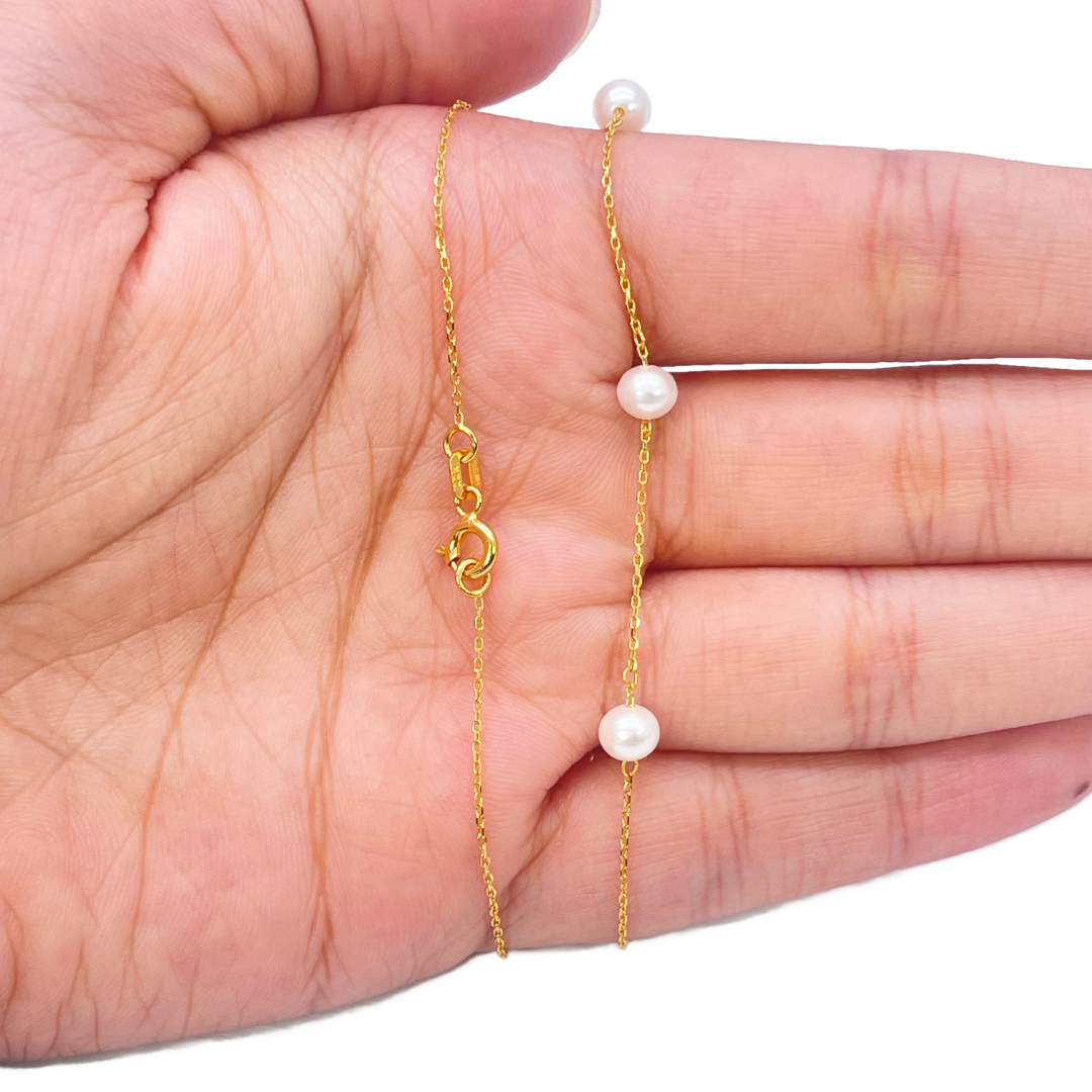 22ct Gold Pearl Necklace Nine Freshwater Pearl Cable Chain 16 inches 