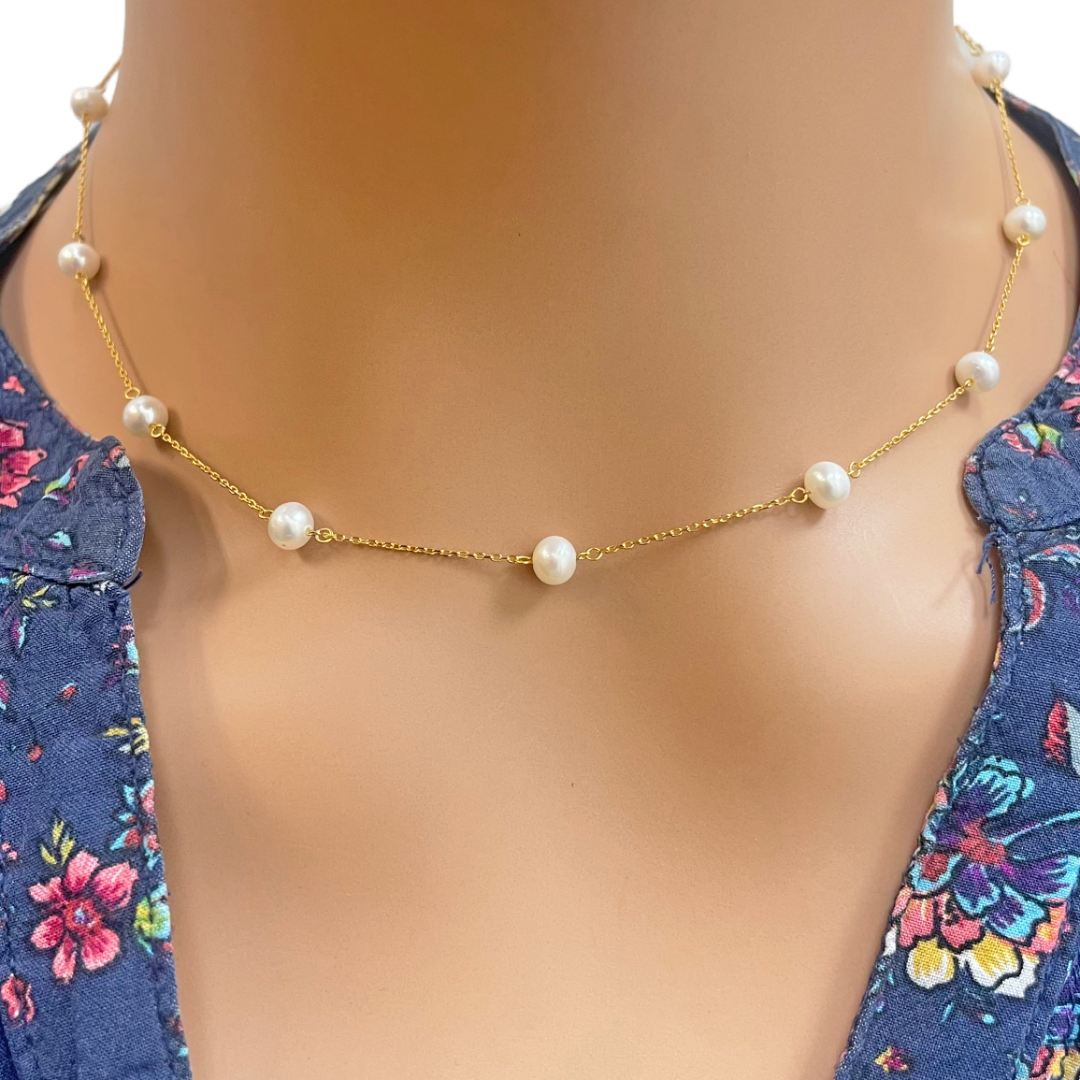 22ct Gold Pearl Necklace Nine Freshwater Pearl Cable Chain 16 inches 
