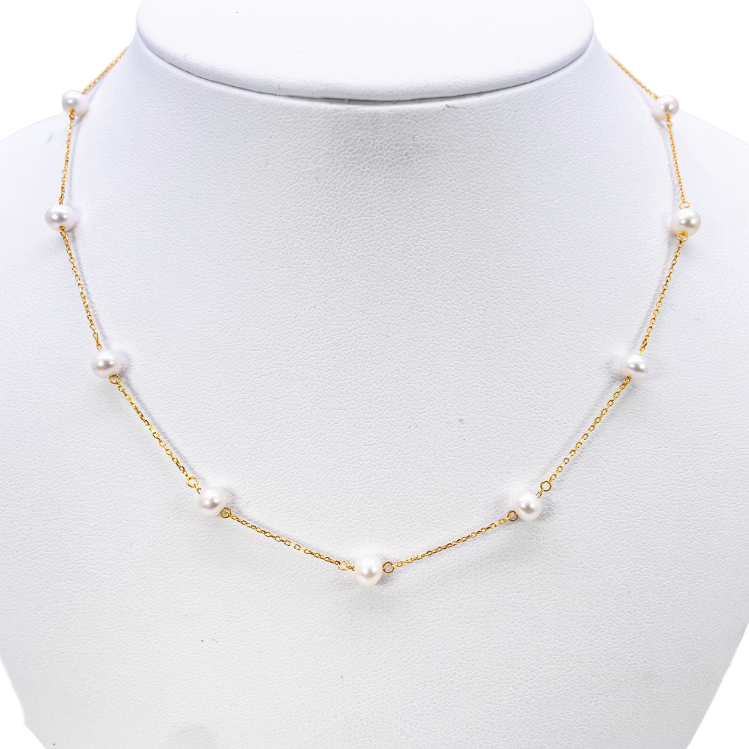22ct Gold Pearl Necklace Nine Freshwater Pearl Cable Chain 16 inches 