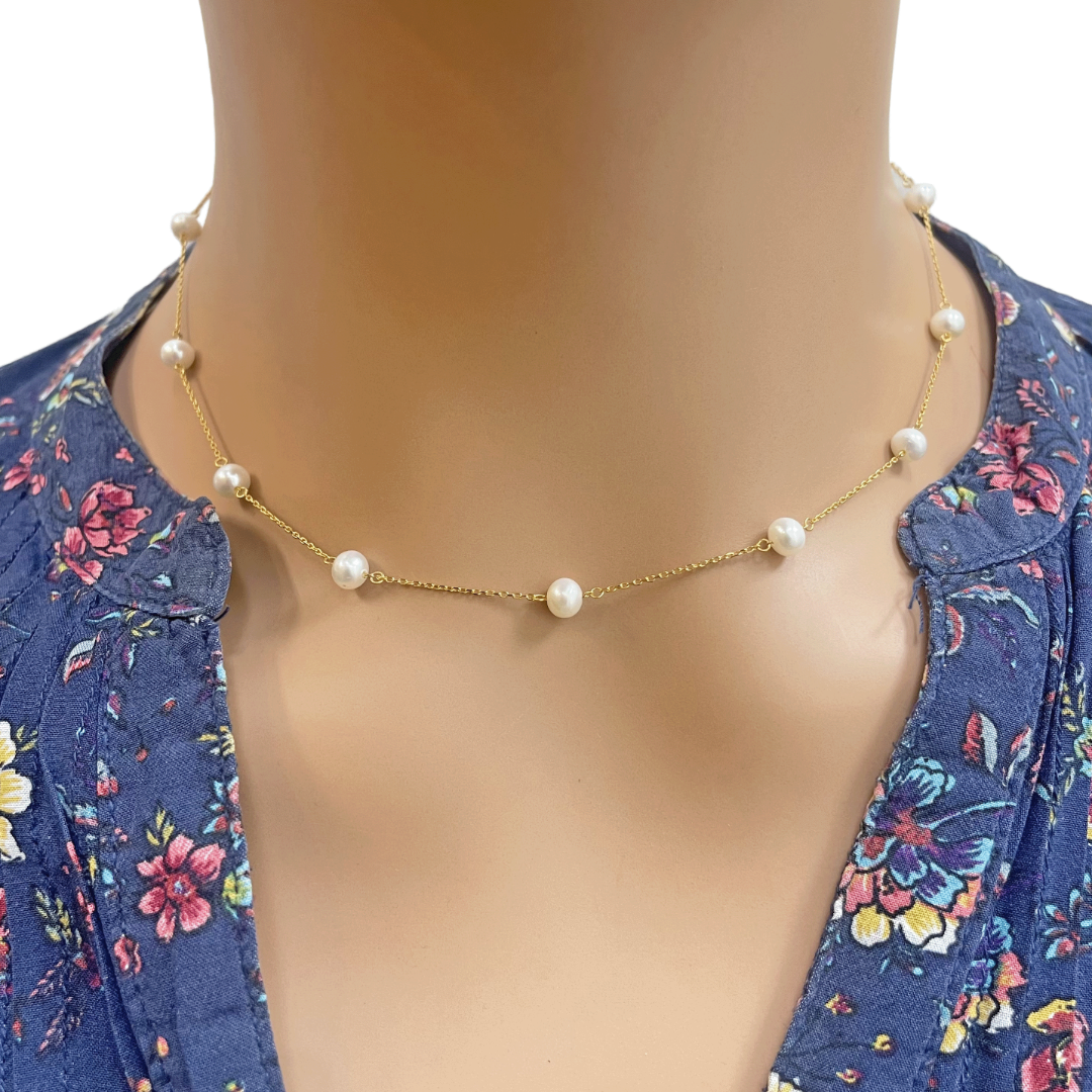 22ct Gold Pearl Necklace Nine Freshwater Pearl Cable Chain 16 inches 