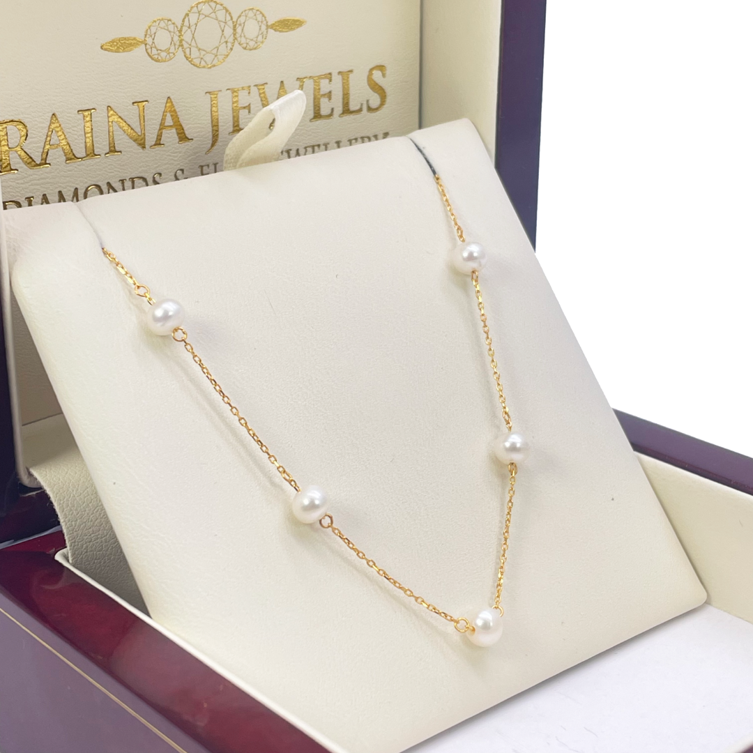 22ct Gold Pearl Necklace Nine Freshwater Pearl Cable Chain 16 inches 