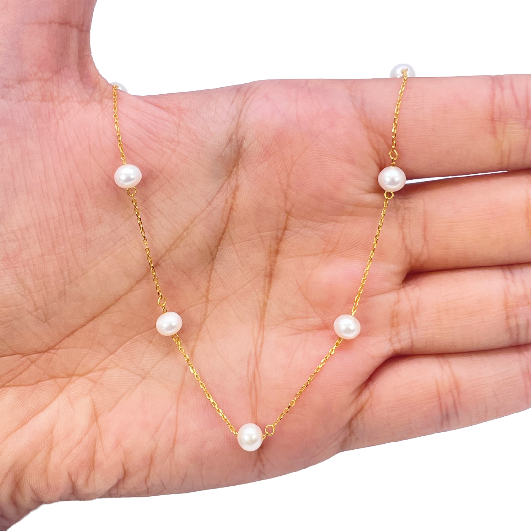 22ct Gold Pearl Necklace Nine Freshwater Pearl Cable Chain 16 inches 