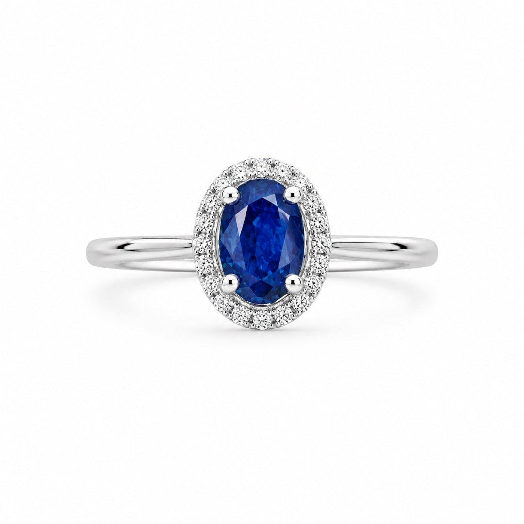 9ct White Gold Natural Blue Sapphire Oval Diamond Halo Ring 0.53ct