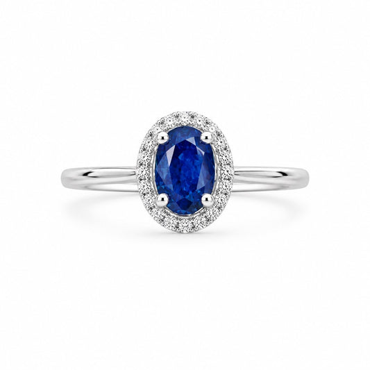 9ct White Gold Natural Blue Sapphire Oval Diamond Halo Ring 0.53ct