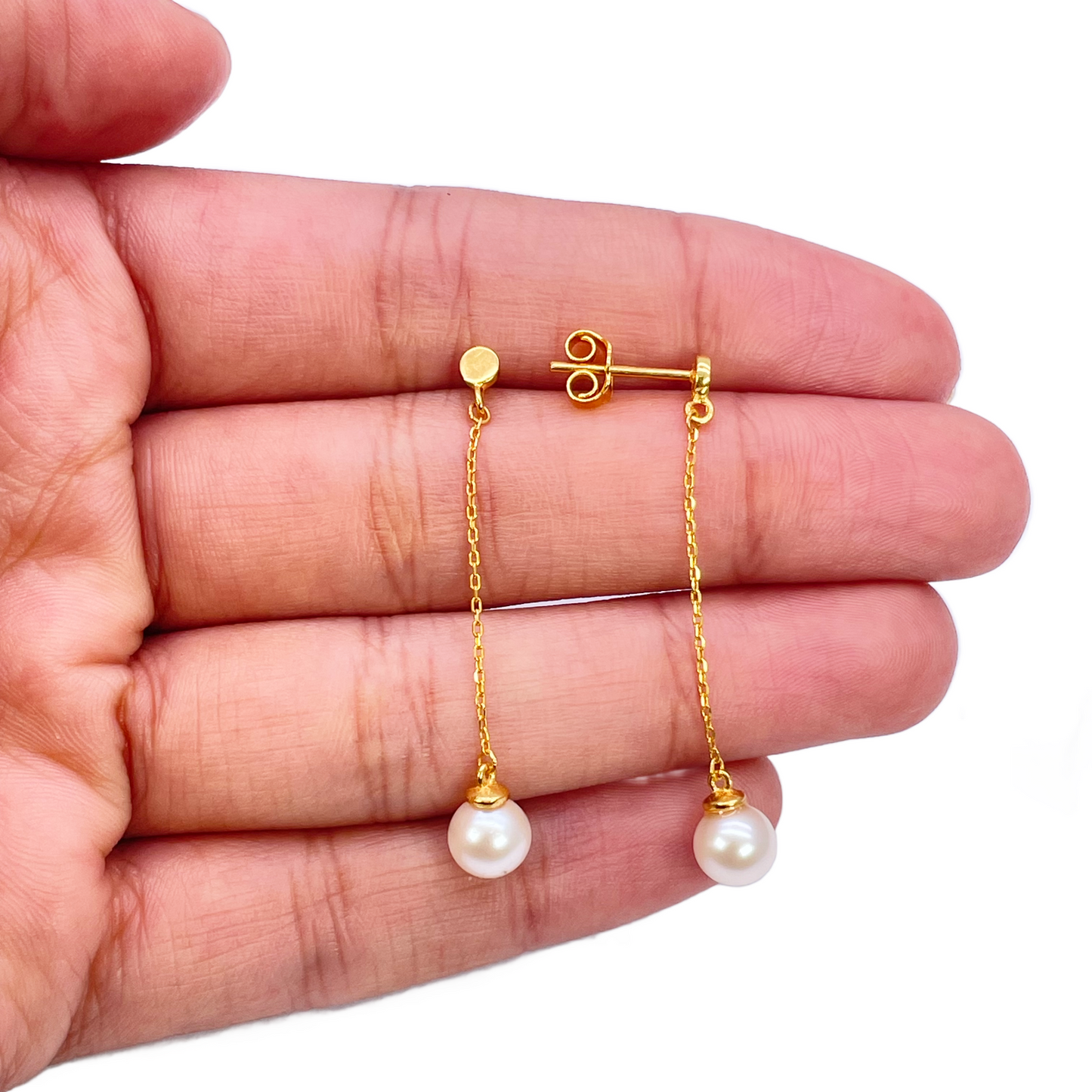 22ct Gold Pearl Drop Earrings Elegant Cable Chain Link Freshwater Pearl 1.5 Inch 
