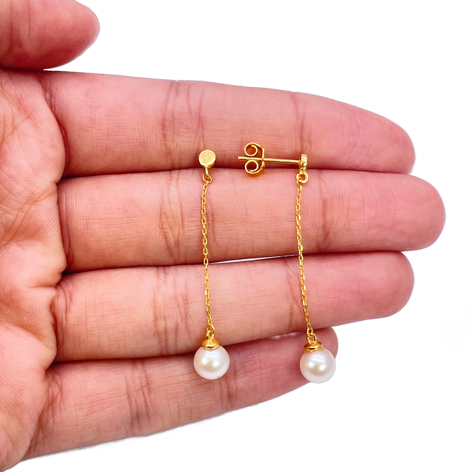 22ct Gold Pearl Drop Earrings Elegant Cable Chain Link Freshwater Pearl 1.5 Inch 