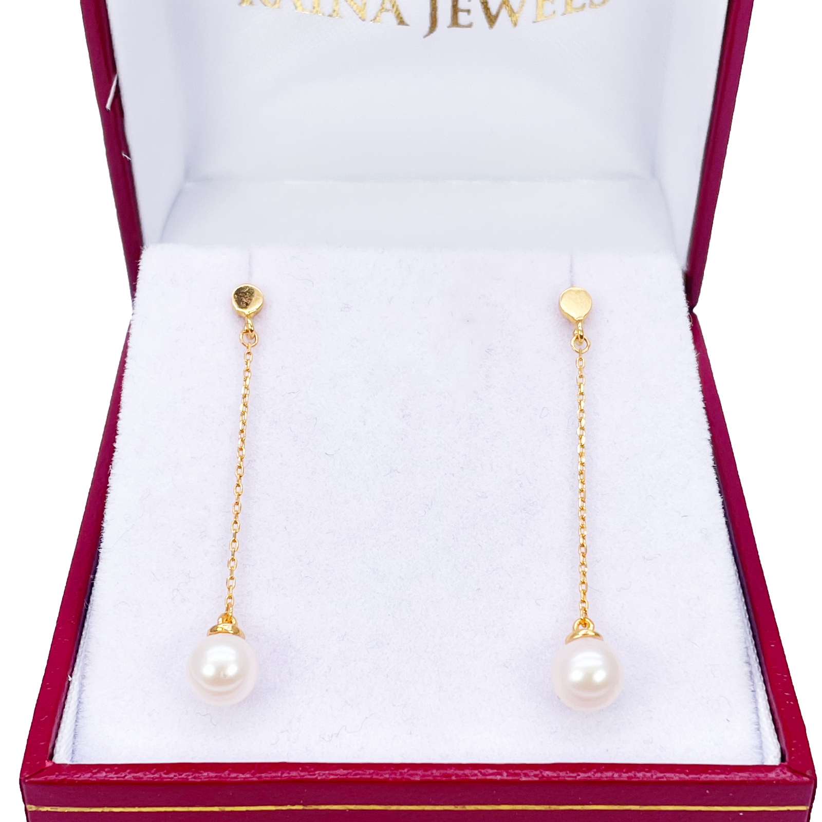 22ct Gold Pearl Drop Earrings Elegant Cable Chain Link Freshwater Pearl 1.5 Inch 