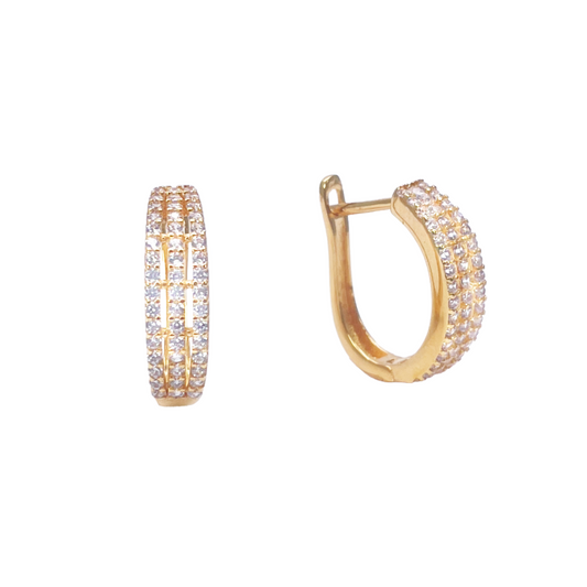 22ct Yellow Gold Beautiful Three Row Cubic Zirconia Huggies Hoop Earrings