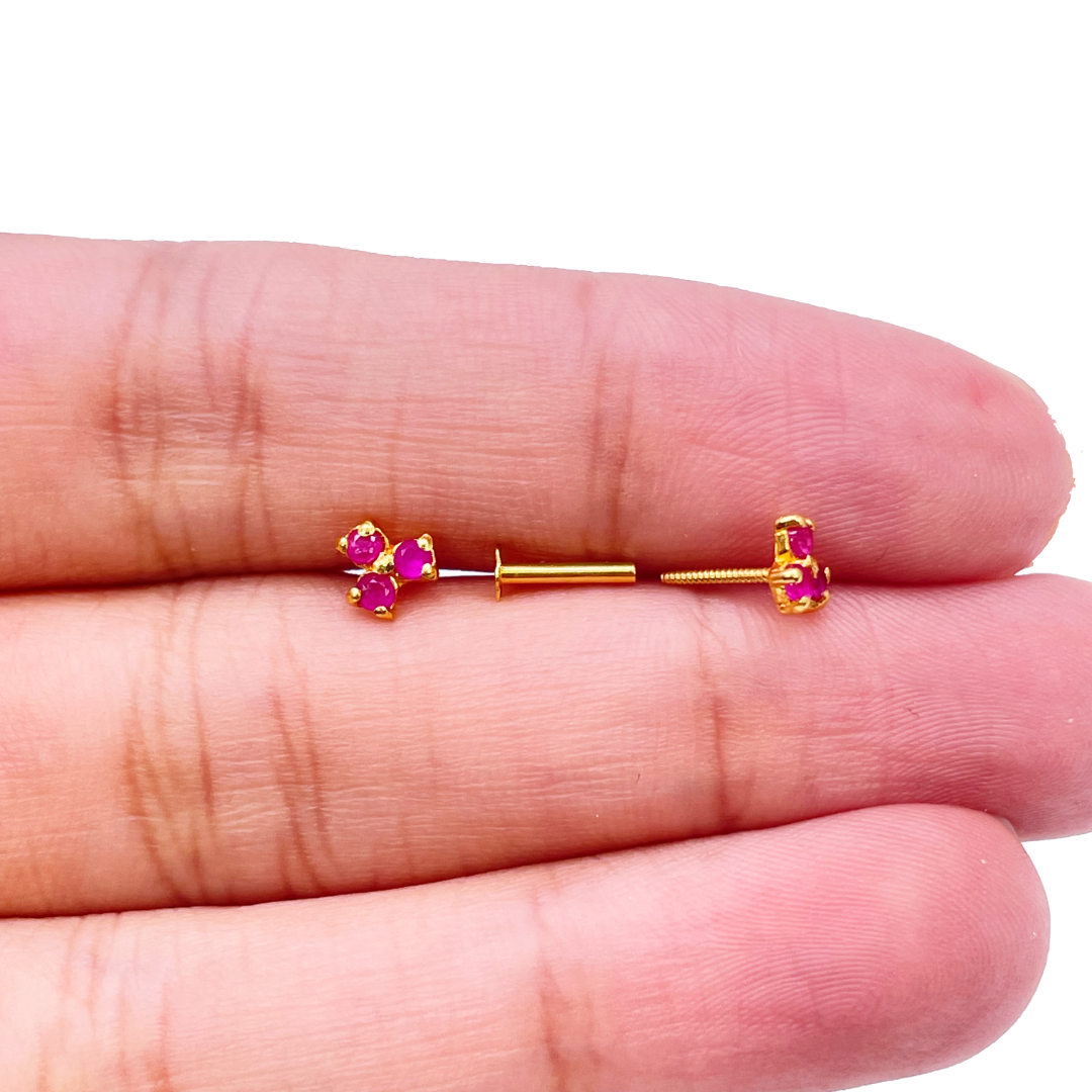 22ct Yellow gold Ruby Children's Stud earrings claw set Child Friendly