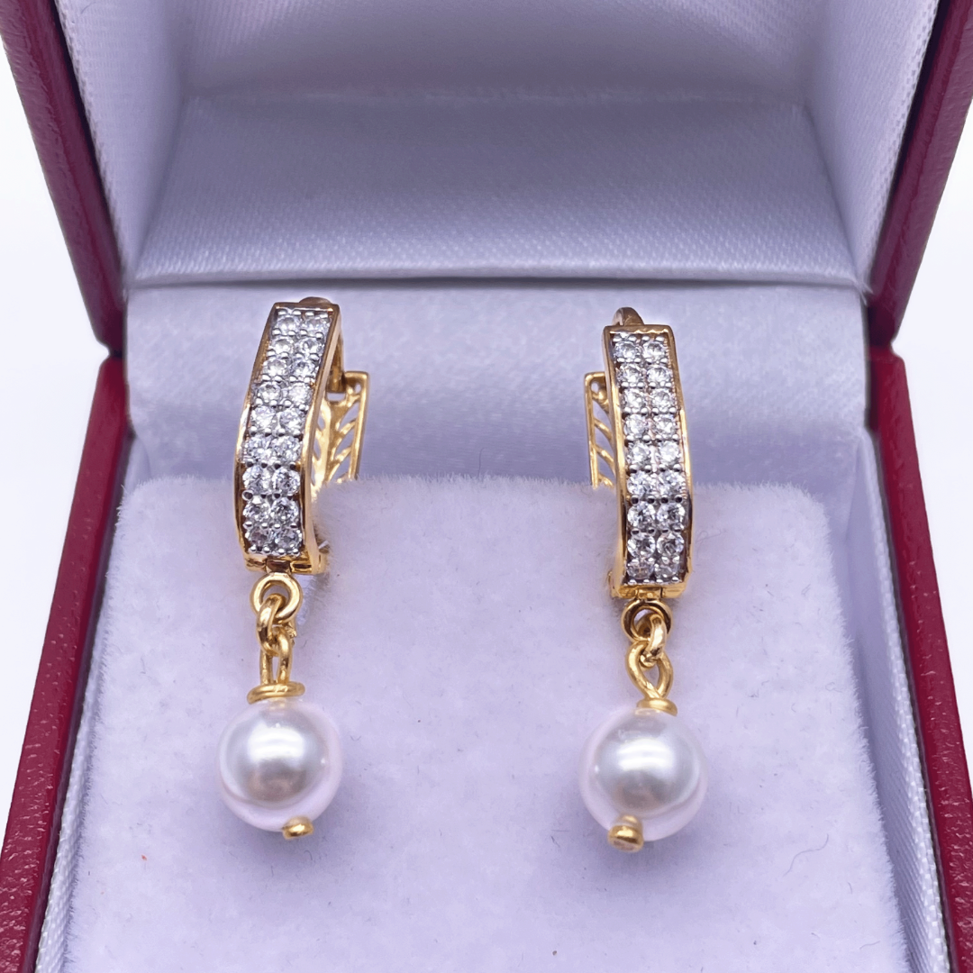 22ct Yellow Gold & Cubic Zirconia Pearl Drop Hoop Earrings, 3.7gm