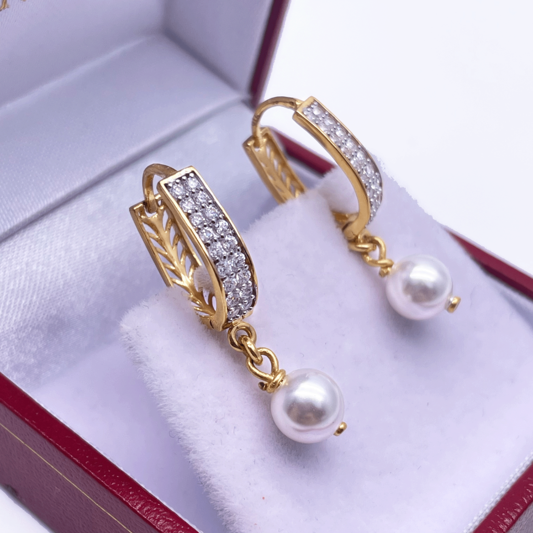 22ct Yellow Gold & Cubic Zirconia Pearl Drop Hoop Earrings, 3.7gm