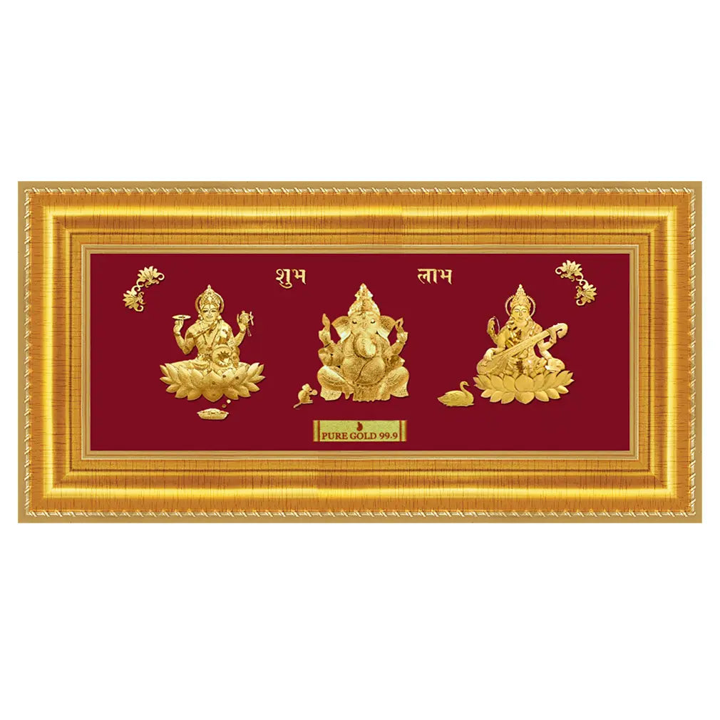 24ct Pure Gold Leaf Lakshmi, Ganesha & Saraswati Frame 25.4 x 12.7cm 