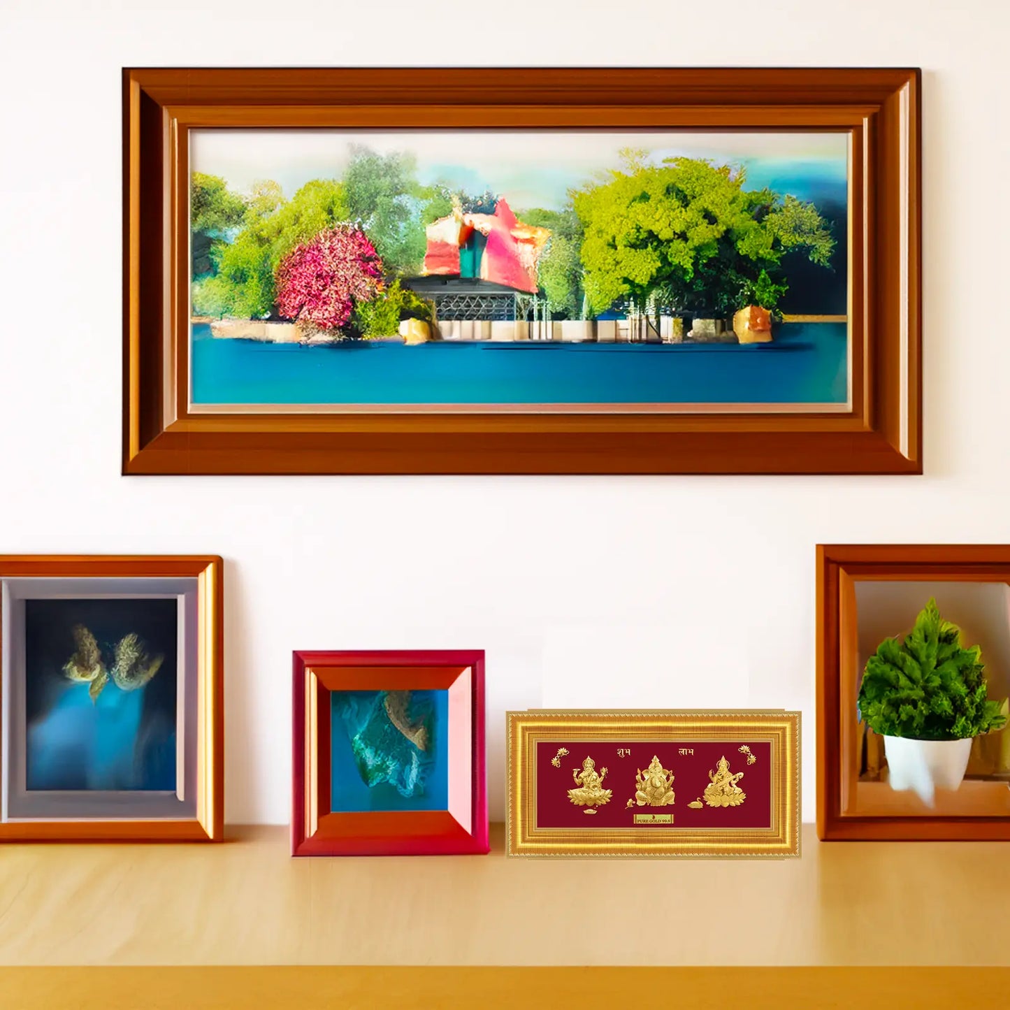 24ct Pure Gold Leaf Lakshmi, Ganesha & Saraswati Frame 25.4 x 12.7cm 