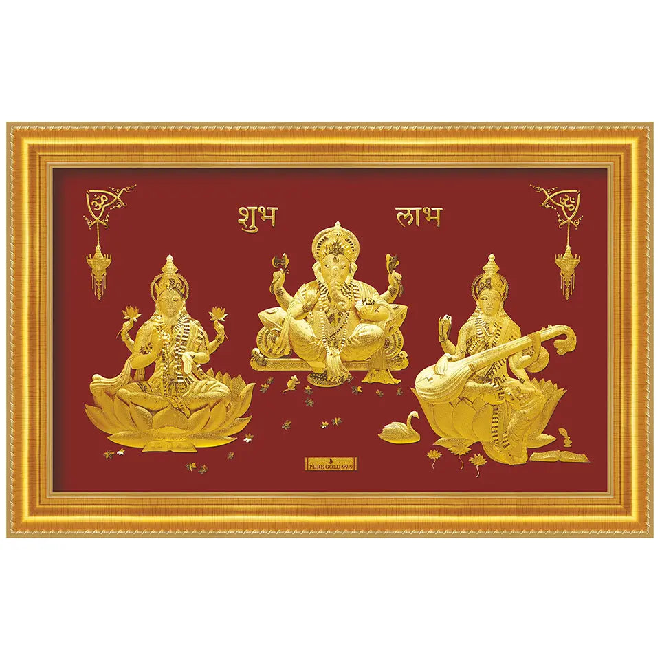 24ct Pure Gold Leaf Lakshmi, Ganesha & Saraswati Frame 35.5 x 22.8cm 