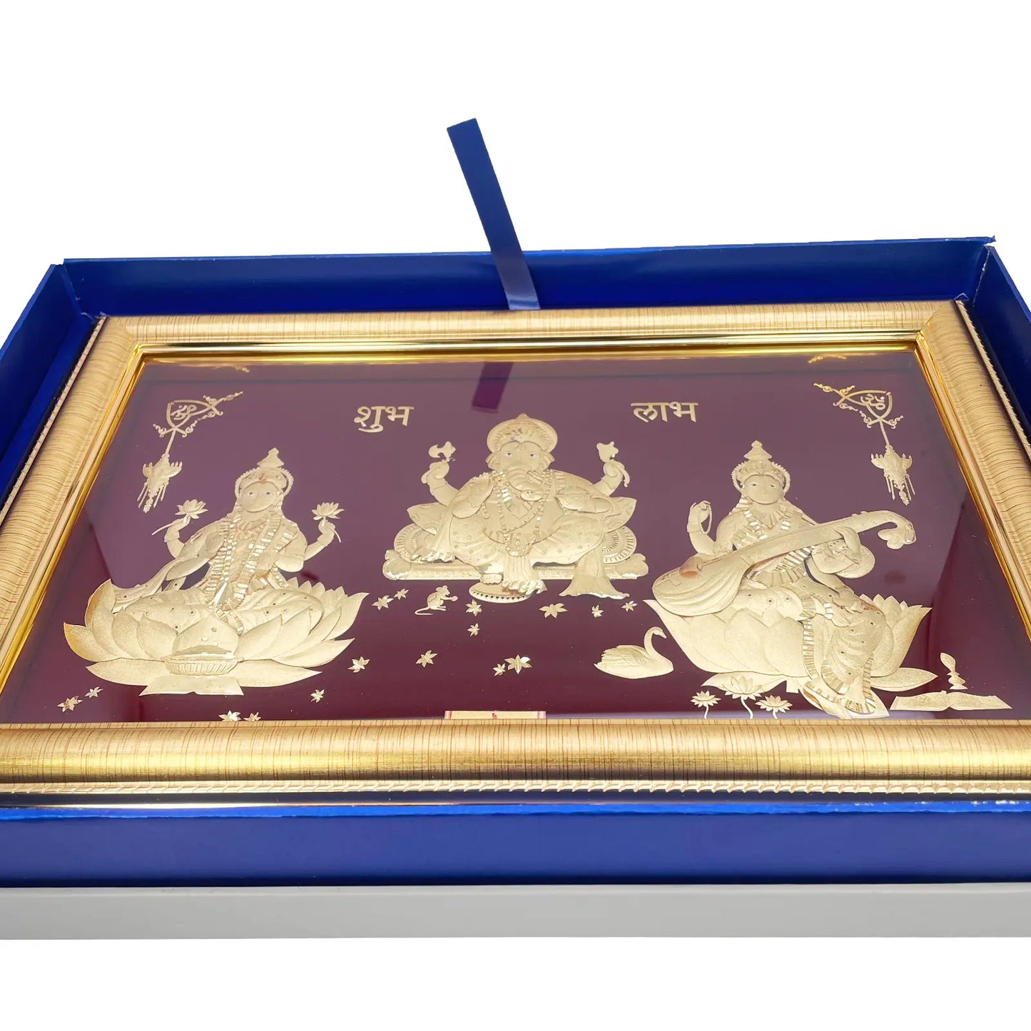 24ct Pure Gold Leaf Lakshmi, Ganesha & Saraswati Frame 35.5 x 22.8cm 