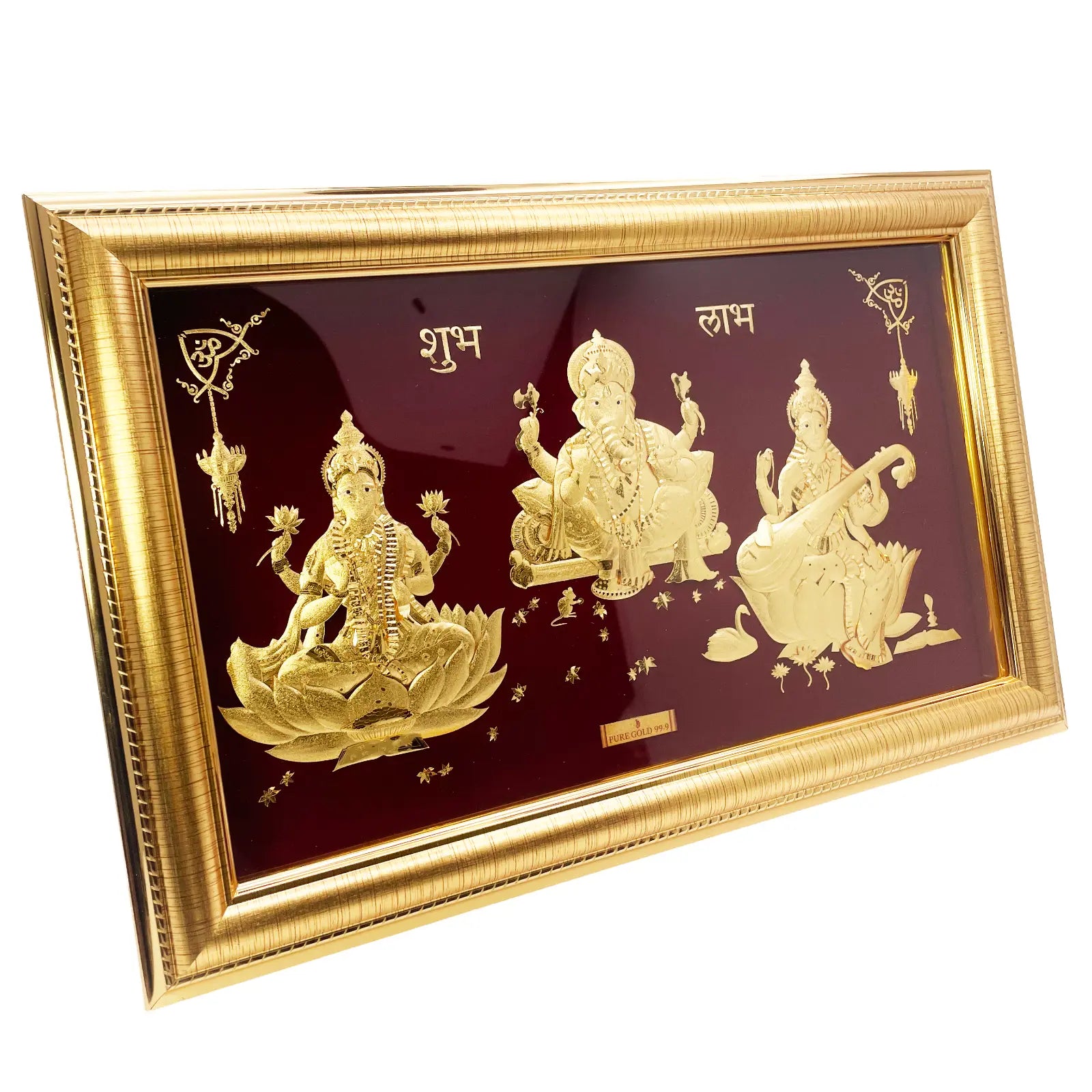 24ct Pure Gold Leaf Lakshmi, Ganesha & Saraswati Frame 35.5 x 22.8cm 
